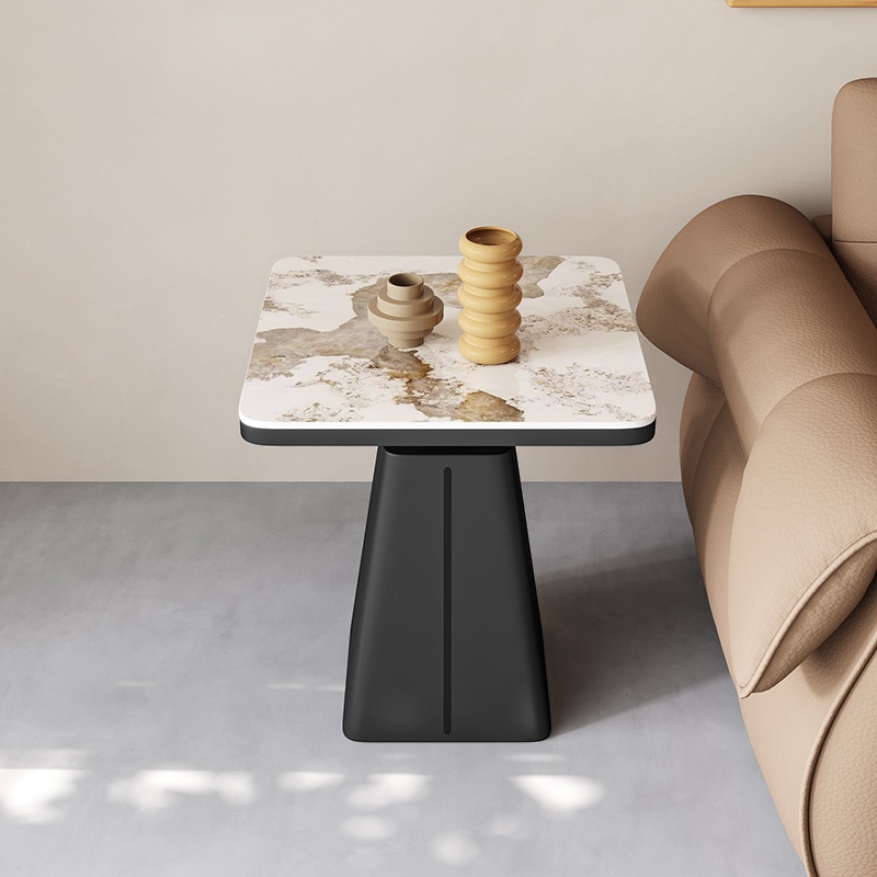 Simple Style Chairside Table Only with Stone Top, Pedestal Base, and Square/Rectangle Shape