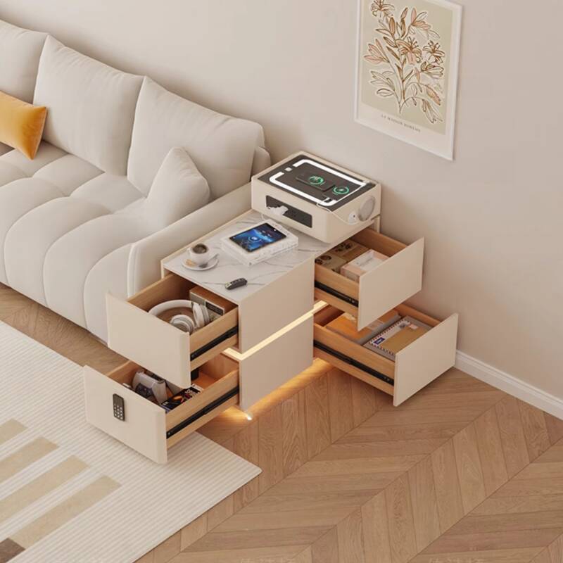 Simple Chairside Table Only with Stone Top, Block Base, Rectangle Shape, and 4 Drawers