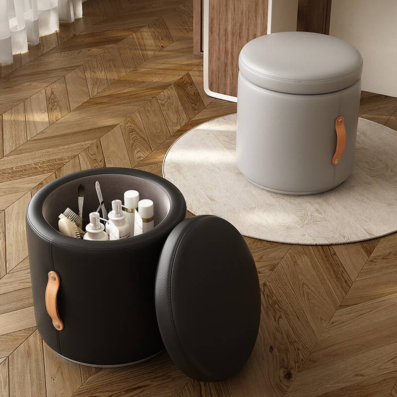 Casual Orbicular Solid Colour Standard Ottoman in Vinyl Leather with Dove Grey/Light Brown/Amber Colour and Storage