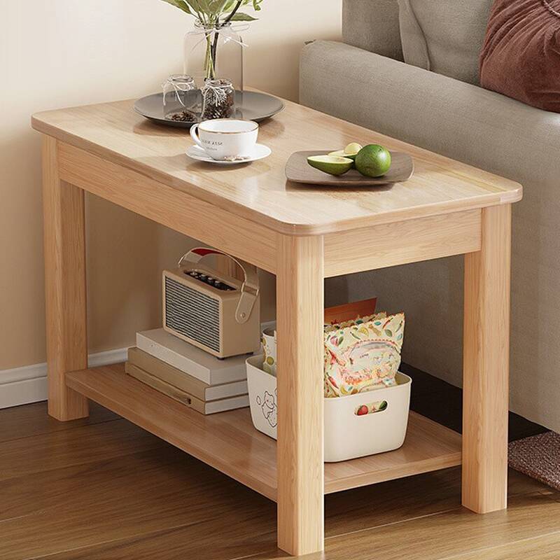 Simple Style Chairside Table Only with Natural Wood and 4 Legs in Natural Colour, Rectangle Shape with Shelf