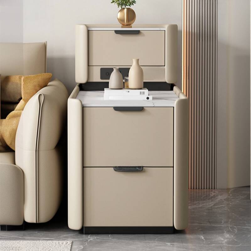 Simple Chalk Stone Rectangular Chairside Table with 3 Drawers and Block Base, Table Only