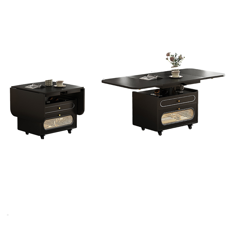 Asymmetrical Wood Chairside Table with Roller Wheels, Ink/Chalk Finish, Shelf, and Locker