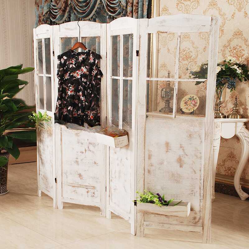 White Contemporary Transparent Collapsible Wall Partition with Shelf and 4 Panels in Wood