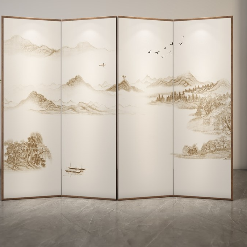 Unfinished Contemporary Opaque Collapsible Wall Partition with Walnut Wood Frame and 5 Panels/4 Panels Double Sided Print