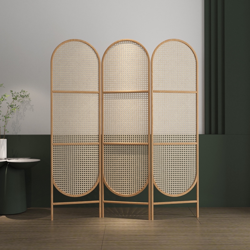 Unfinished Contemporary Indoor Translucent Collapsible Wall Partition with 3 Panels Rattan