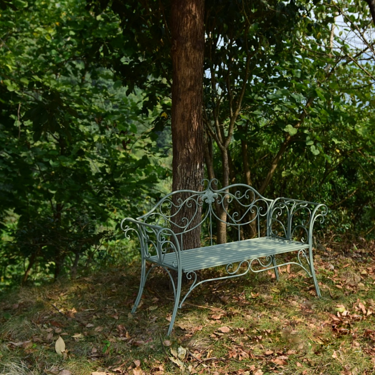 Boho-chic Iron Park Bench with Back and Curved Arm