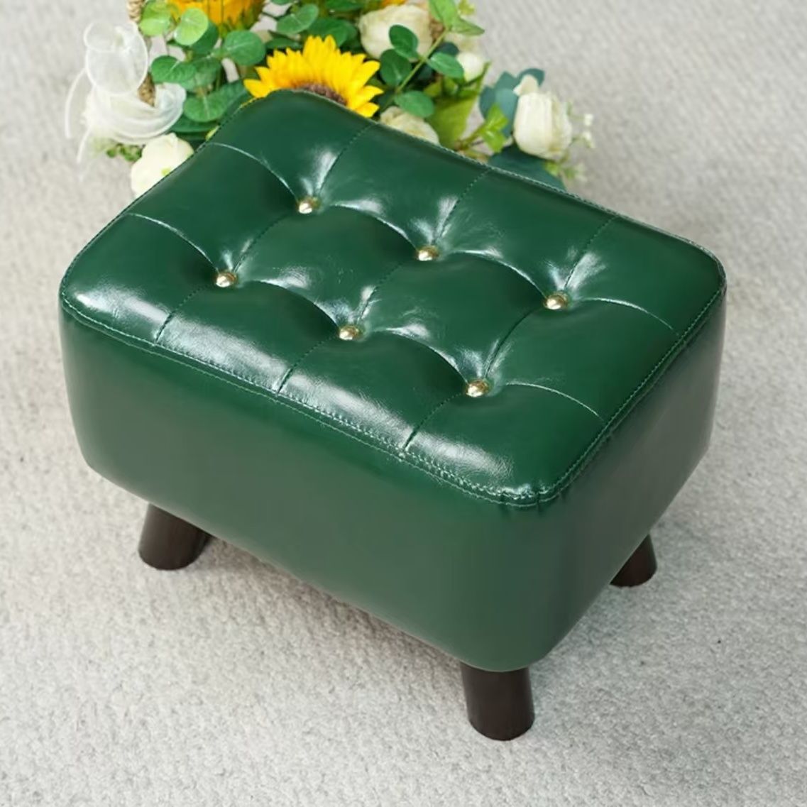 Casual Rectangular Solid Colour Standard Ottoman in Vinyl Leather with Stitch-tufted Design