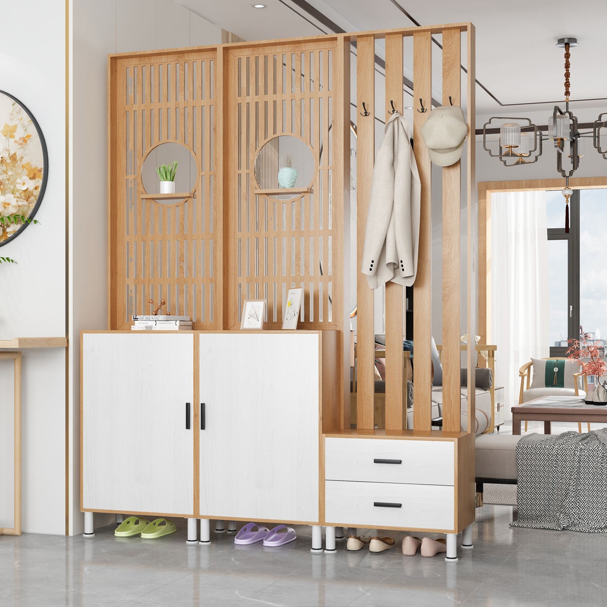 Wall Partition in Unfinished Contemporary Style for Indoor Use with Transparent Light Filtration, Featuring Shelf and 3 Panels/2 Panels Wood Screen