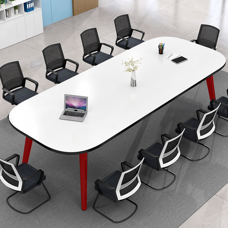 White Modern Office Conference Table with Elliptical Top for Seats 12+ Modular Structure and MDF Top