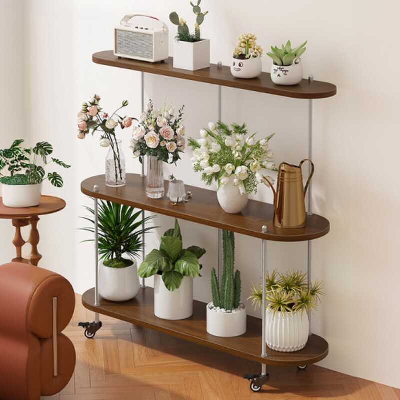 Trendy Oval Multi-Level Plant Holder with Wooden Top and Caster Wheels for Floor Installation