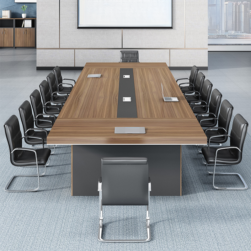 Brown Minimalist Office Conference Table with Rectangle Top and Cable Management for 12+ Seats in Manufactured Wood