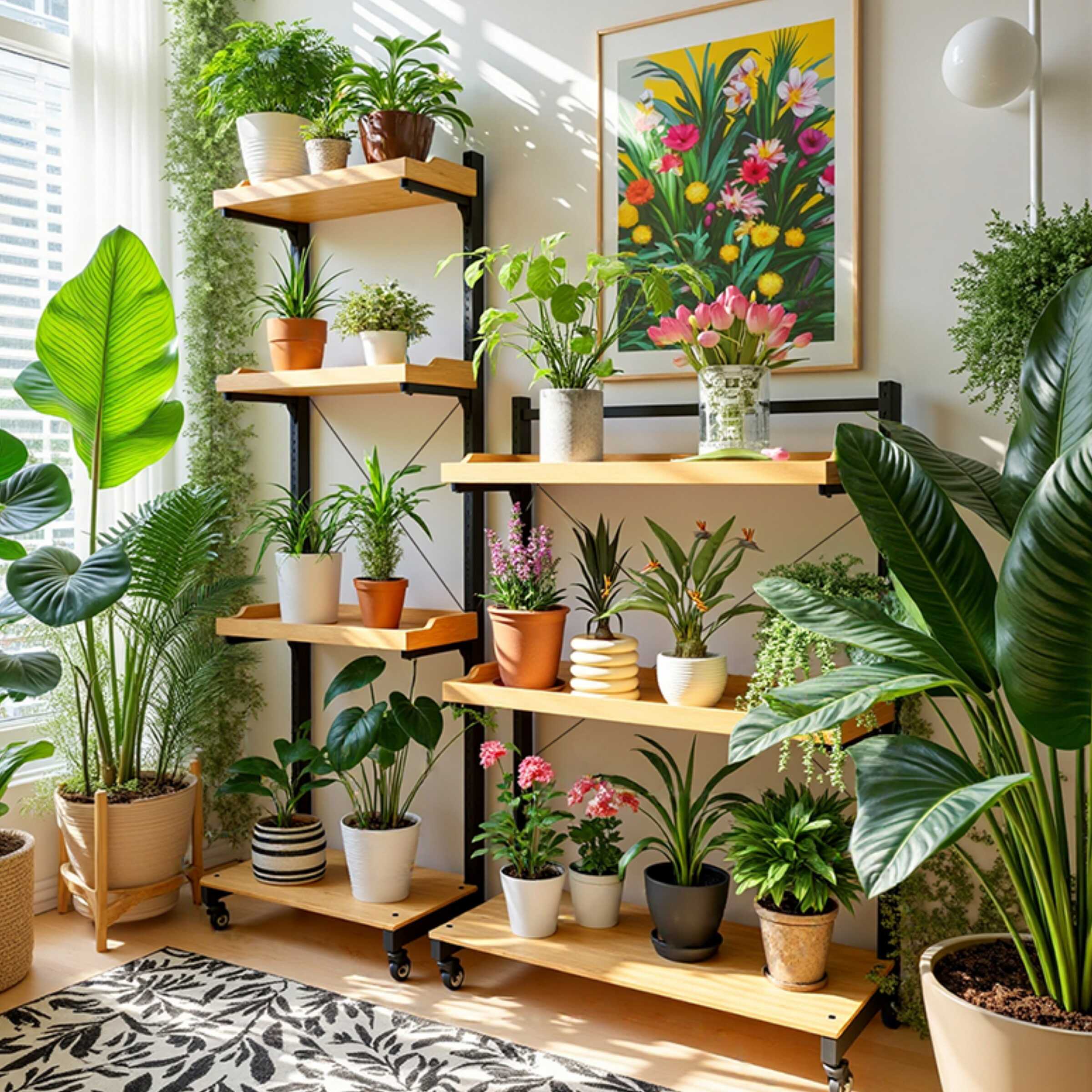 Natural Finish Rectangle Multi-Level Composite Wood Plant Holder with Caster Wheels for Floor