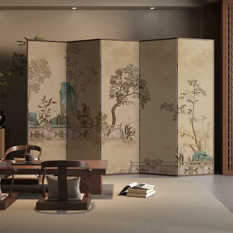 Beige Contemporary Opaque Collapsible Lumber Wall Partition with Double Sided Print