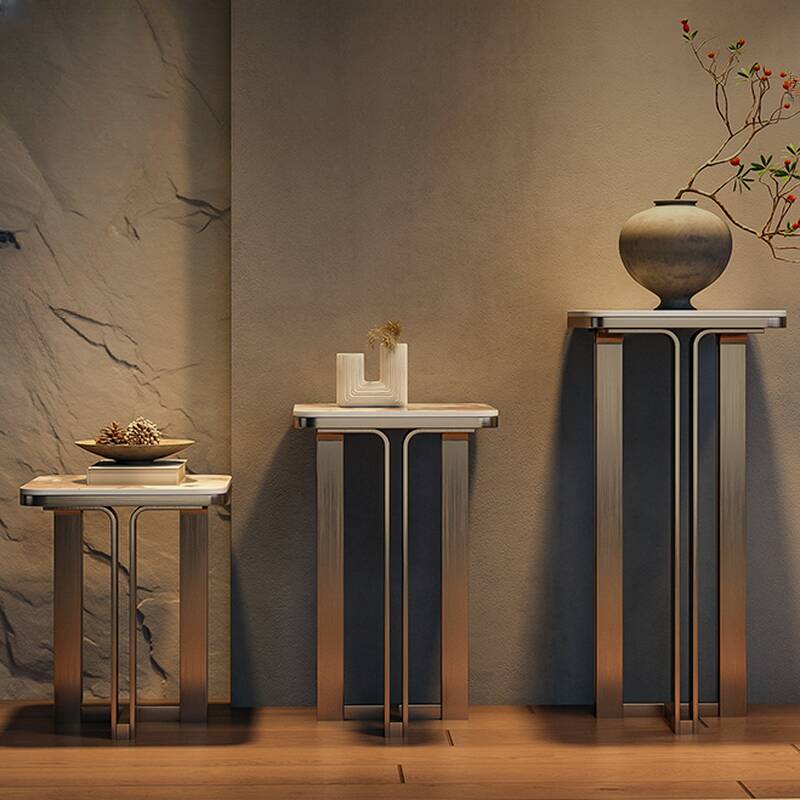 Square Stone Floor Plant Table with Metal Base in a Modern Style