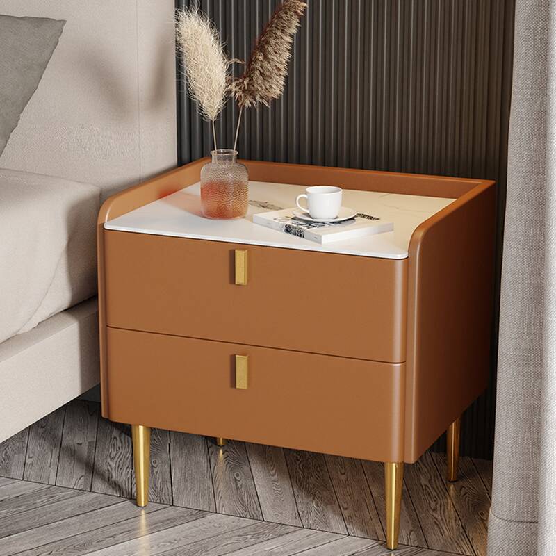 Art Deco Drawer Storage Nightstand with 2 Drawers, Stone Countertop, and Leg