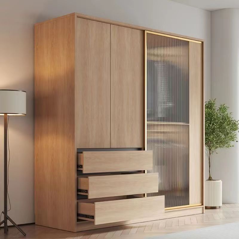 Wood Grain Modern Laminate Cabinet Armoire with Soft Close Drawer, Interior Shelves, and Clothing Rod