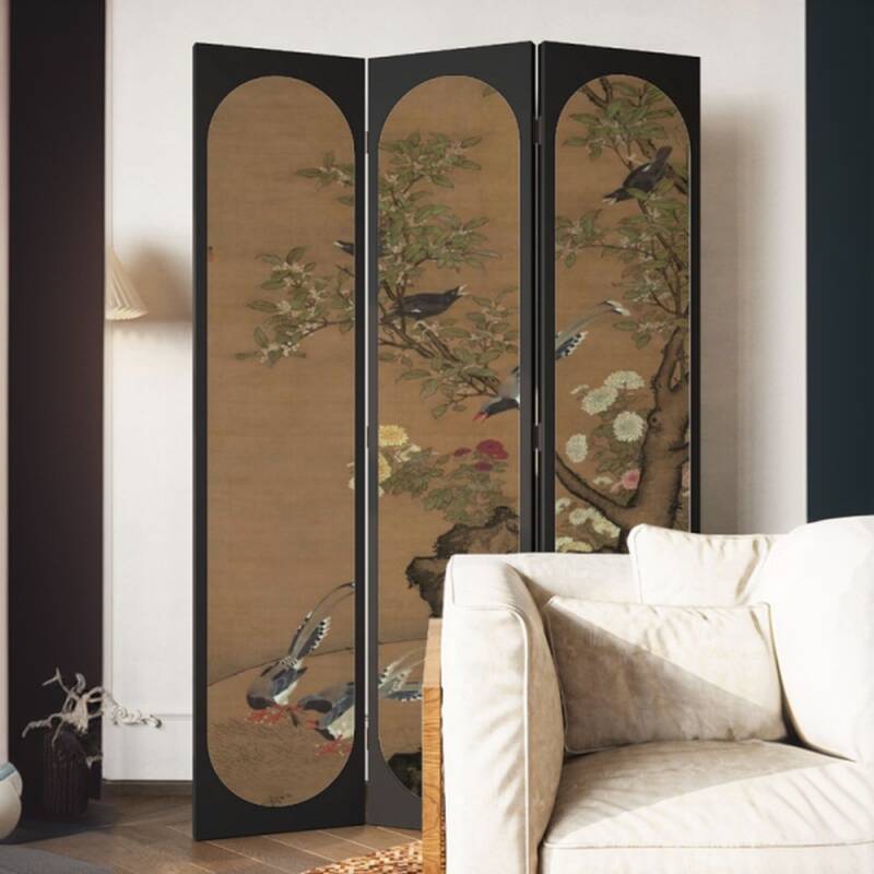 Wall Partition in Ink with Contemporary Style and Opaque Light Filtration, Collapsible Pine Wood Frame with 3/4 Panels and Double Sided Print