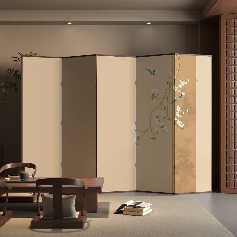 Ink/Tan Contemporary Indoor Opaque Collapsible Pine Wood Wall Partition