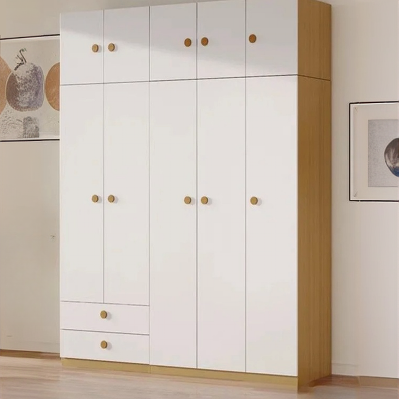 Wood Grain Modern Steel Cabinet Armoire with 2-Drawer, Interior Shelves, and Clothing Rod