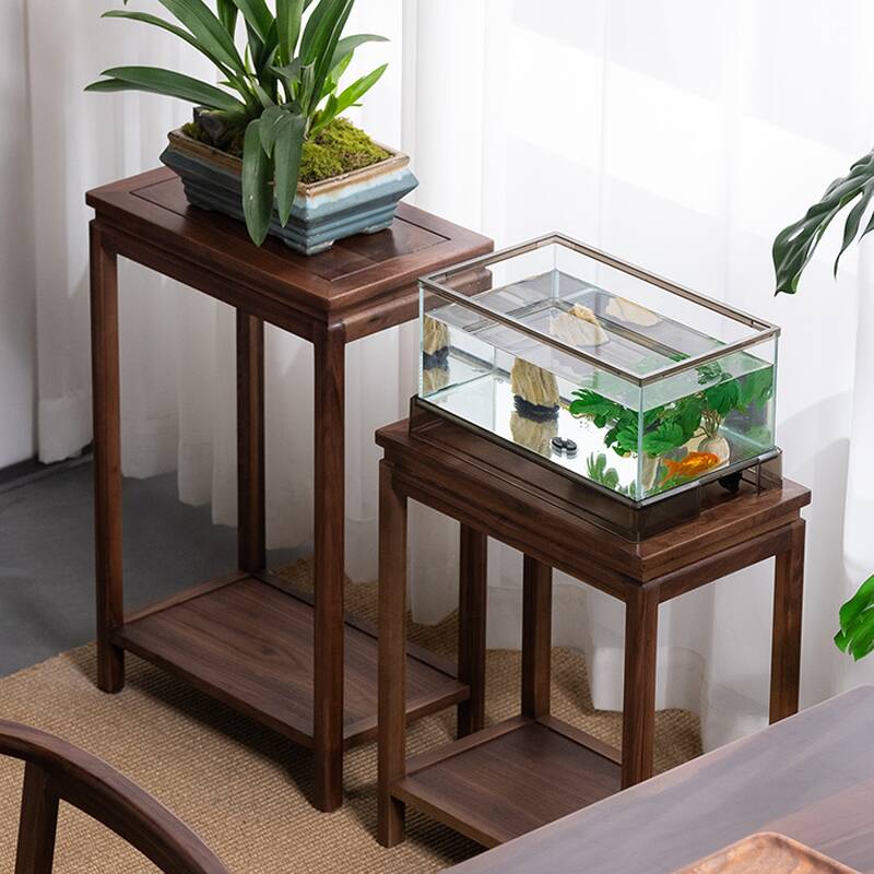 Cocoa 2 Tiers Square/Rectangle Plant Stand Side Table with Walnut Wood Top, 1 Piece, 2 Shelves, and Legs