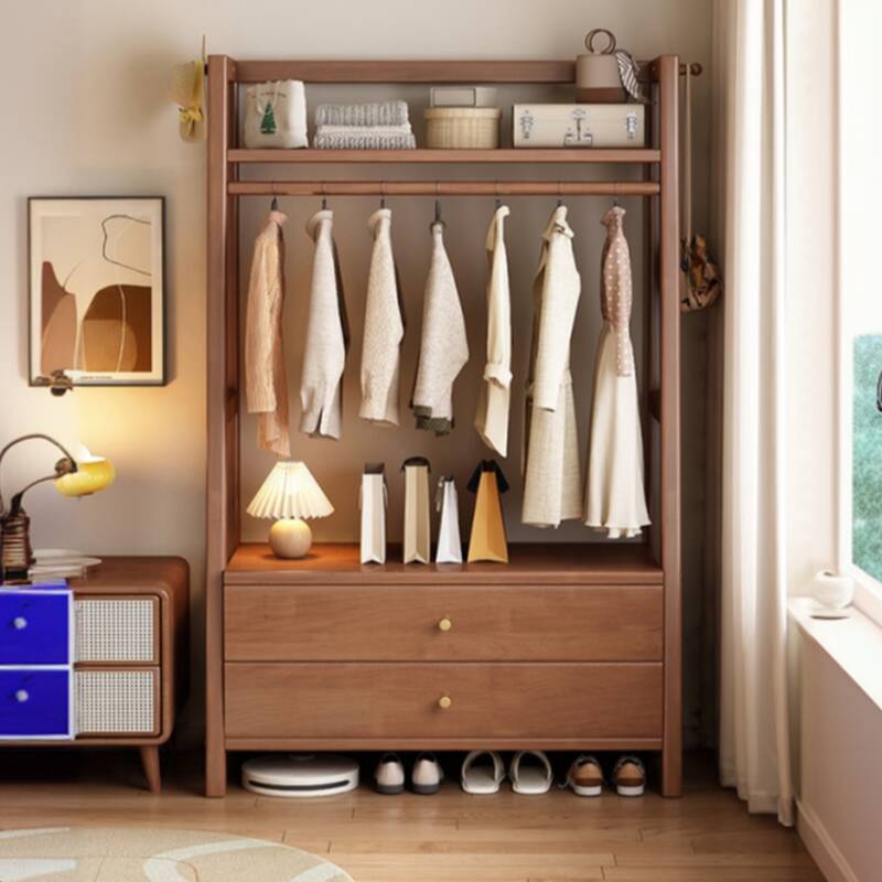 Modern Free Standing Coat Tree with 2 Drawers, 2 Shelves, Rubberwood Frame, Open-air Storage, and Wood Hook