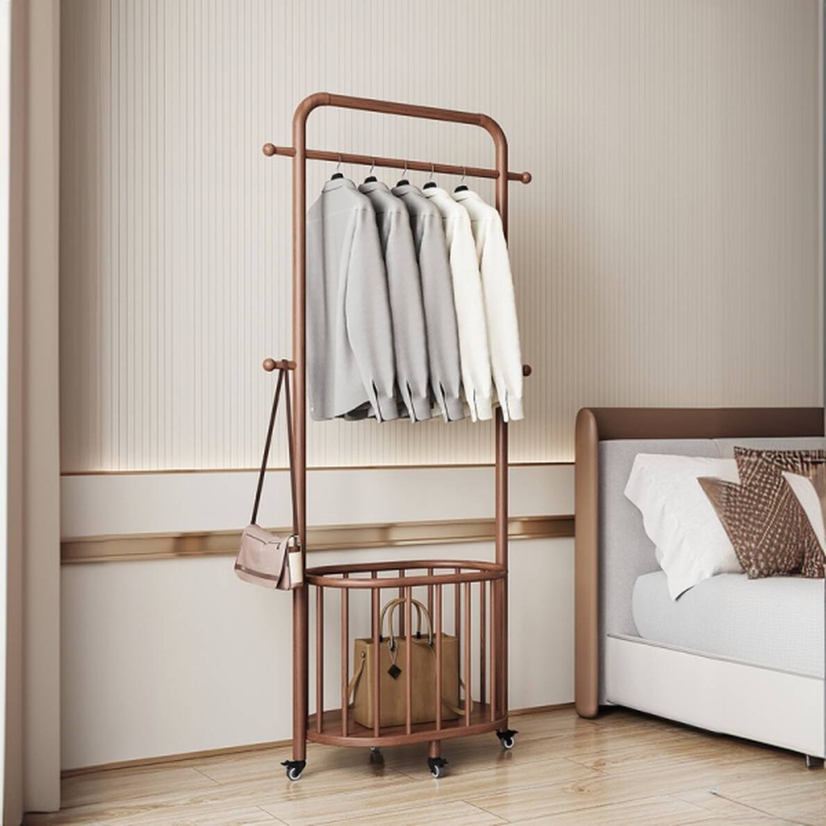 Modern Free Standing Coat Tree with Repository, 1 Shelf, Ash Wood Frame, 1 Basket, and Wood Hook
