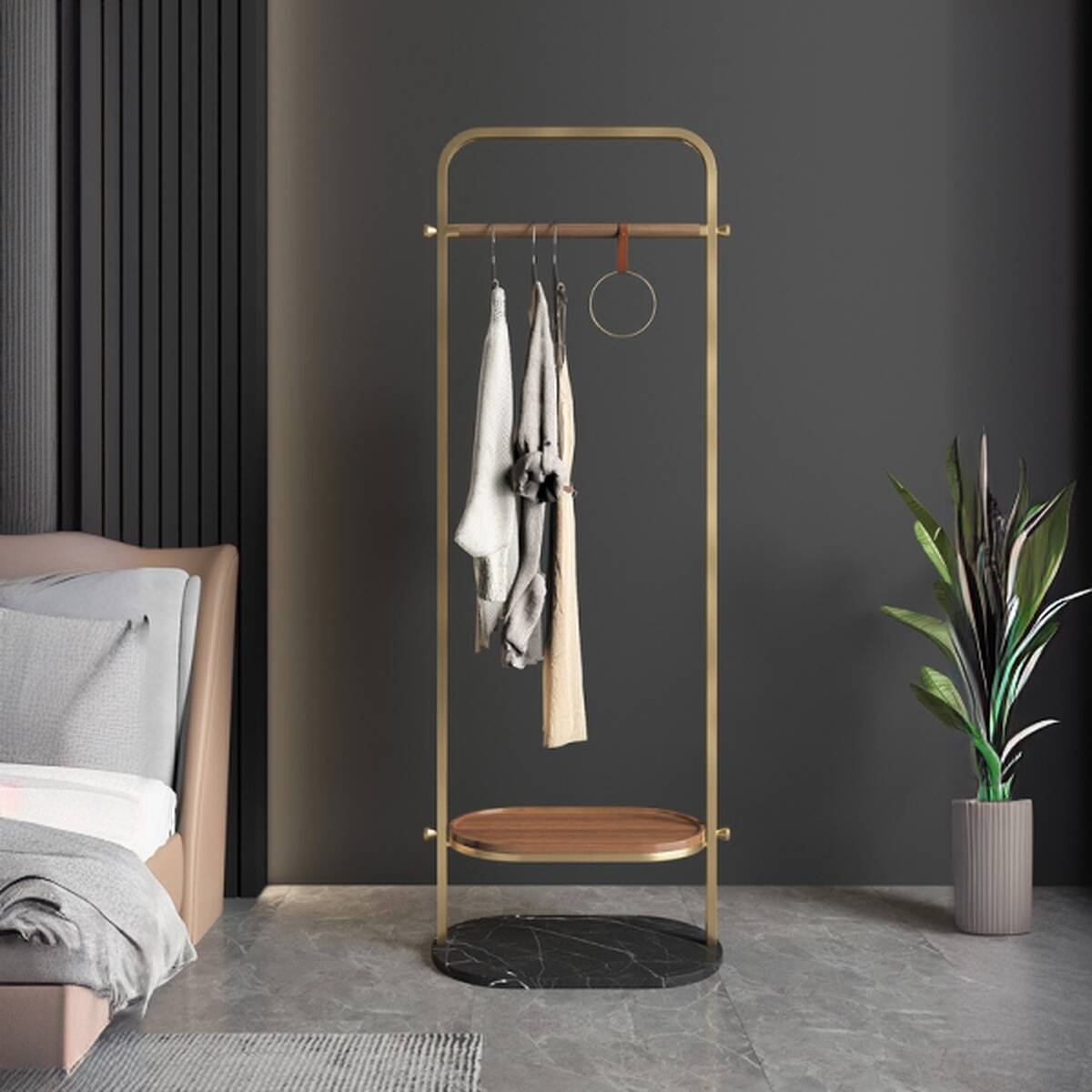 Metallic Modern Free Standing Coat Tree with Repository, 2 Shelves, Alloy Frame, and Alloy Hook