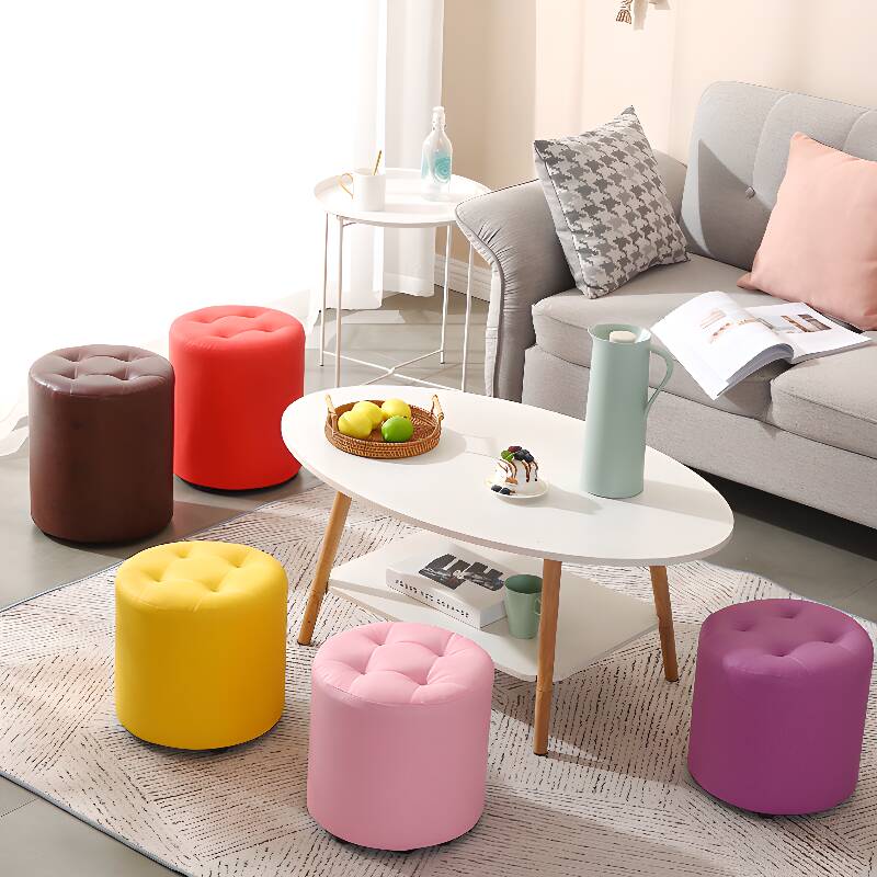 Modern Simple Style Orbicular Solid Colour Standard Ottoman in Faux Leather with Maroon/Plum/Lemon Colour Tufted Design