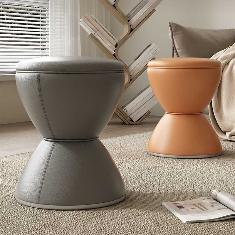 Modern Simple Style Orbicular Solid Colour Standard Ottoman in Faux Leather with Light Gray/Light Brown/Oatmeal Upholstery