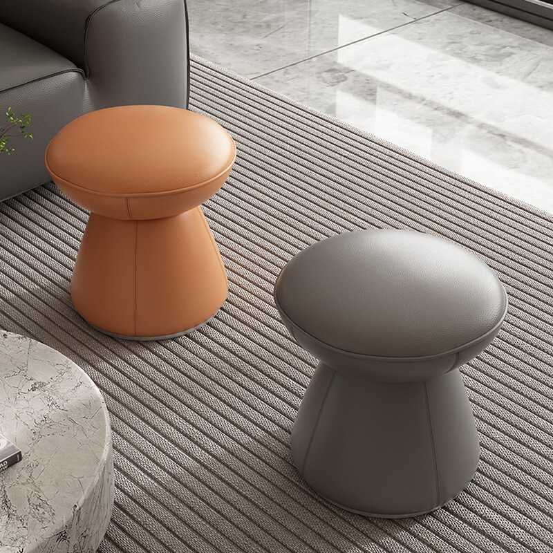 Modern Simple Style Orbicular Solid Colour Standard Ottoman in Faux Leather with Gray/Light Brown/Citrus Colour Upholstery