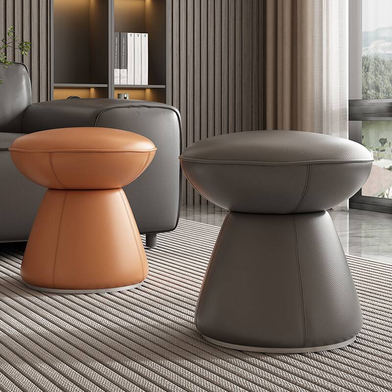 Modern Simple Style Orbicular Solid Colour Standard Ottoman in Faux Leather with Gray/Light Brown/Citrus Colour Options