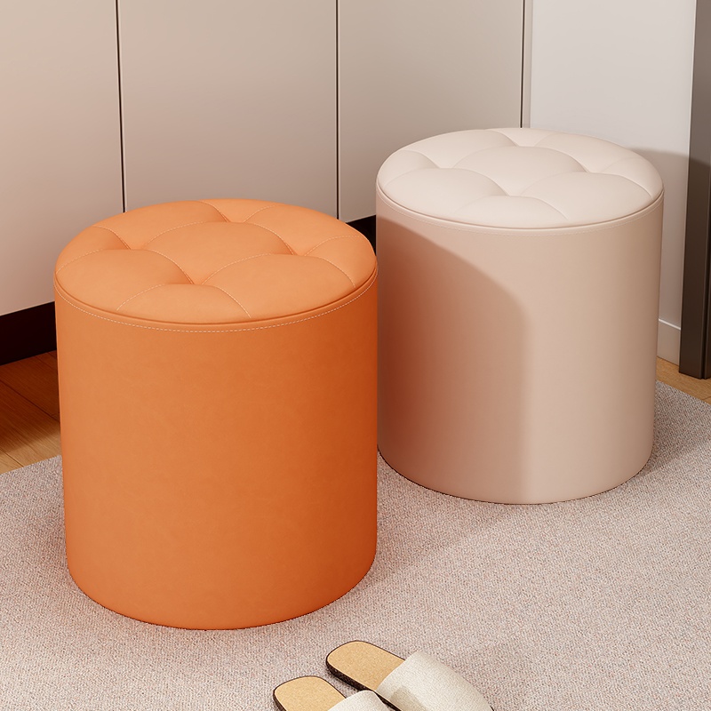 Modern Simple Style Orbicular Solid Colour Standard Ottoman in Faux Leather with Midnight Black/Light Gray/Cream Upholstery and Tufted Design