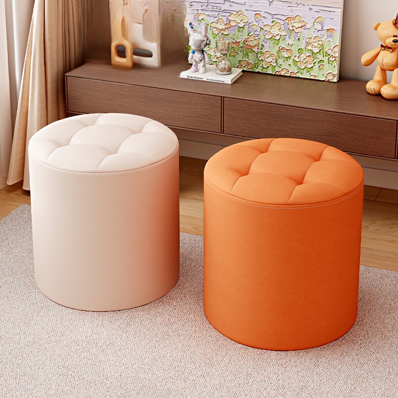 Modern Simple Style Orbicular Solid Colour Standard Ottoman in Faux Leather with Gray/Chalk/Dark Blue Tufted Finish