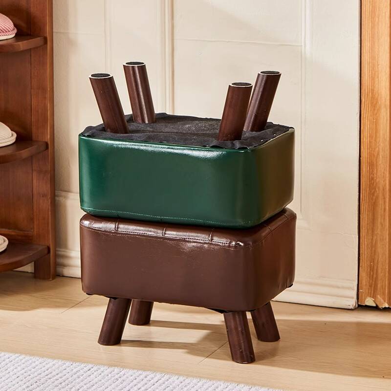 Modern Simple Style Square Solid Colour Standard Ottoman in Faux Leather with Jade Green/Brown Casters and Tufted Design