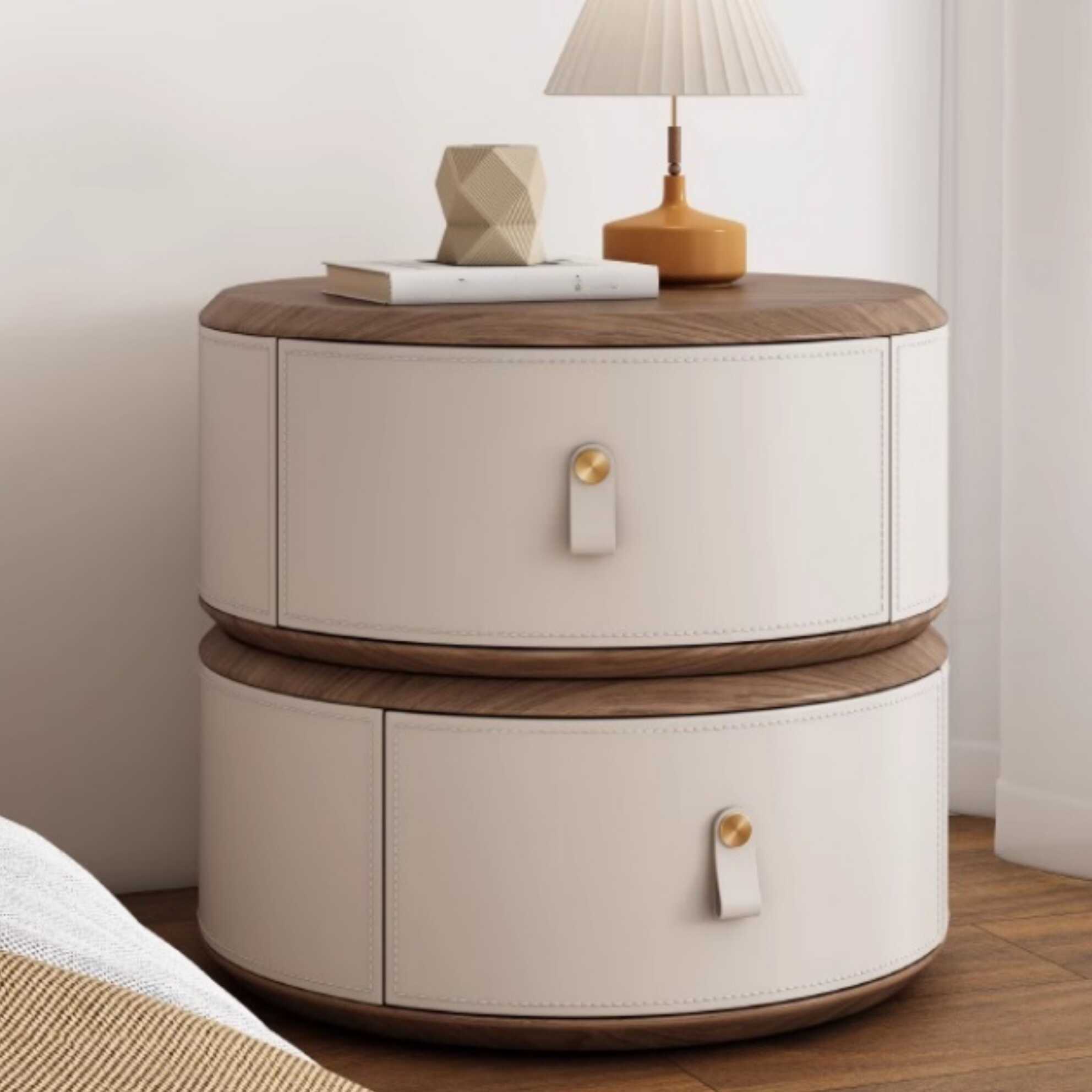 Organic Modern 2 Tiers Swivel Nightstand With Drawer Organization and Pleather Countertop