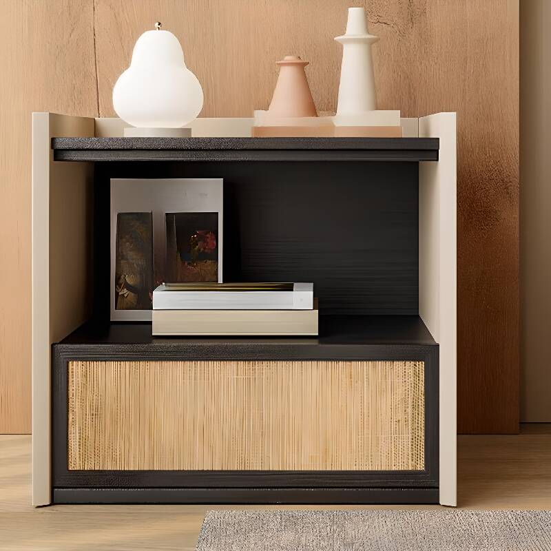 Art Deco Open Nightstand with 1 Drawer and Burl Wood Countertop