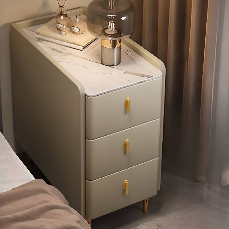 Art Deco Nightstand With Drawer Storage Featuring 3 Drawers, Stone Countertop, and Leg