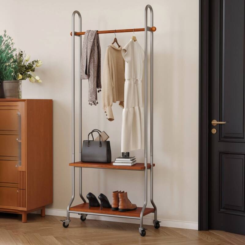 Trendy Free Standing Coat Tree with 2 Shelves, Alloy Frame, Visible Storage, and Wood Hook