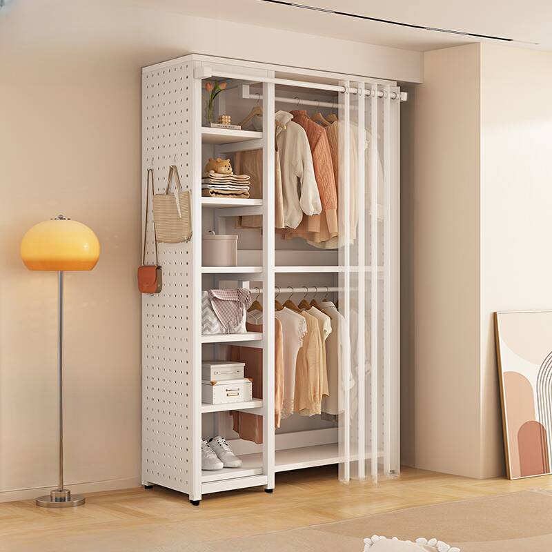 White Modish Free Standing Hall Rack with Container Storage, 2 Shelves/6 Shelves, and Steel Frame