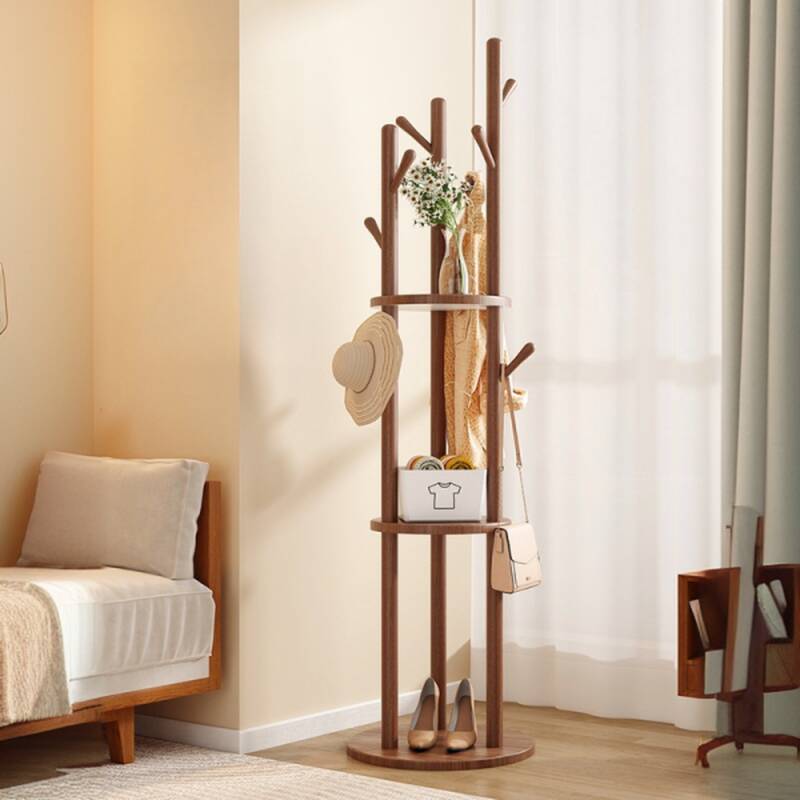 Modish Hall Rack with Container Storage, 3 Shelves, Natural Wood Frame, Wood Hook, and Stand