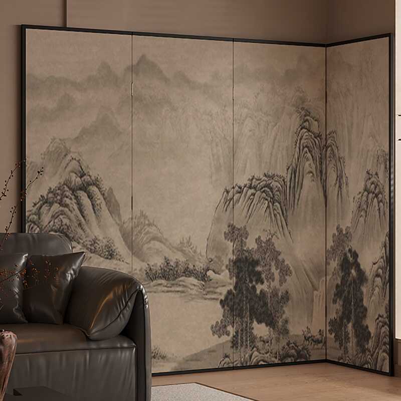 Beige Indoor Opaque Foldable Room Divider with Walnut Wood Frame and Double Sided Print