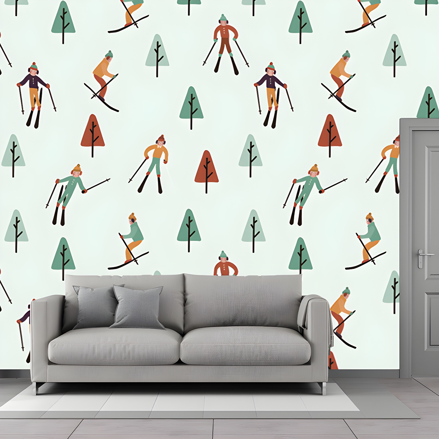 Skiers and Snow Forest Murals in Green-Red, Childrens Art Wall Covering for Kids Bedroom