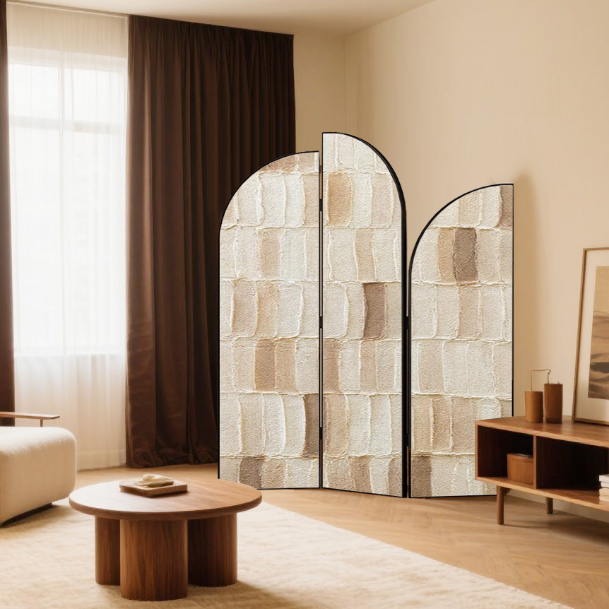 Modern Indoor Opaque Foldable Room Divider with Natural Wood Frame and 3 Panels, Double Sided Print