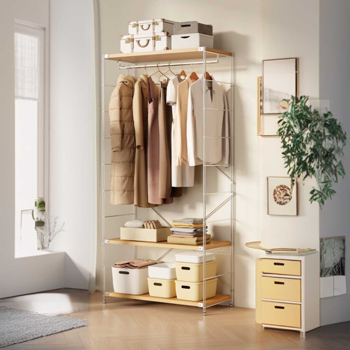Wood Grain Modish Free Standing Hall Rack with 2 Drawers, Alloy Frame, and Unenclosed Storage