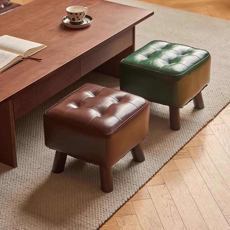 Emerald Green Simple Square/Orbicular Solid Colour Standard Ottoman in Synthetic Leather with Casters and Button-tufted Design