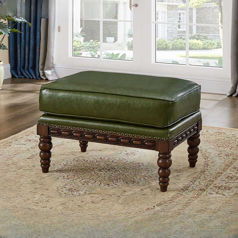 Simple Rectangle Solid Colour Standard Ottoman in Genuine Leather with Sage Upholstery and Nailhead Embellishment