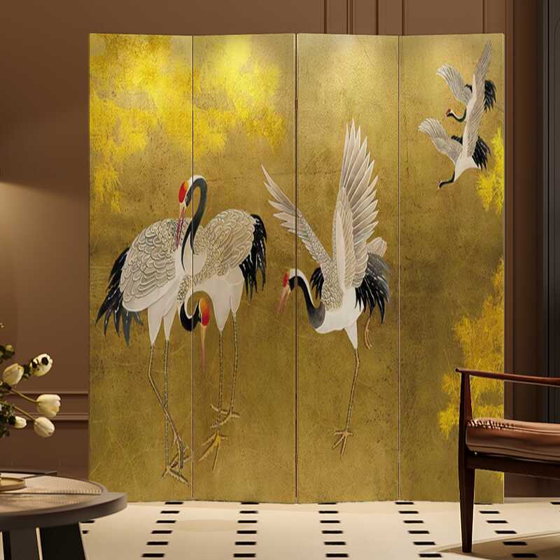 Antique Brass Luxurious Opaque Folding Wall Dividers with Natural Wood Frame, 5/3/4 Panels, and Double Sided Print
