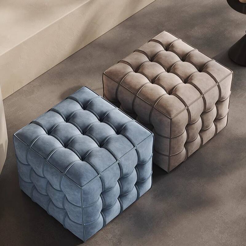 Simple Square Solid Colour Standard Ottoman in Synthetic Leather with Dove Grey/Slate Blue/Oatmeal Button-tufted Upholstery