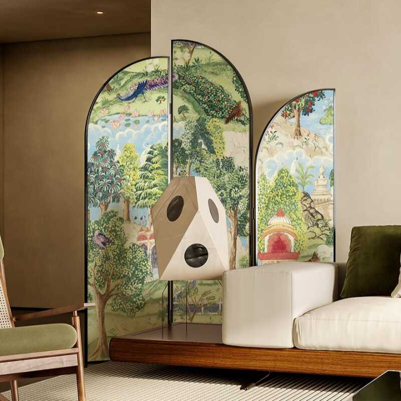 Multi-Colour Indoor Opaque Folding Wall Dividers with Natural Wood Frame and Double Sided Print