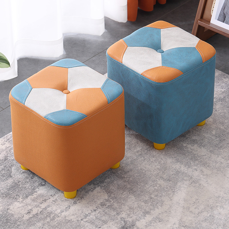 Simple Square Geometric Standard Ottoman in Synthetic Leather with Slate Blue/Light Green/Apricot Colour